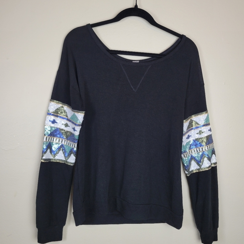 Poof! Black Super Soft Drop Shoulder Sparkle Sleeve Long Sleeve T Shirt